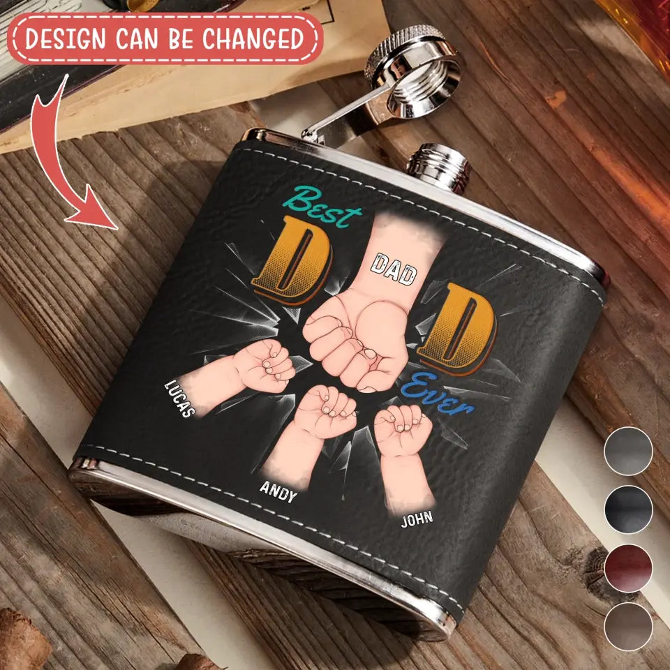 Personalized Best Dad Ever Leather Flask - Up to 5 Kids - Gift Idea For Dad/Father's Day