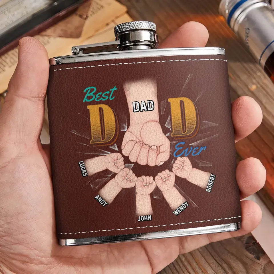 Personalized Best Dad Ever Leather Flask - Up to 5 Kids - Gift Idea For Dad/Father's Day
