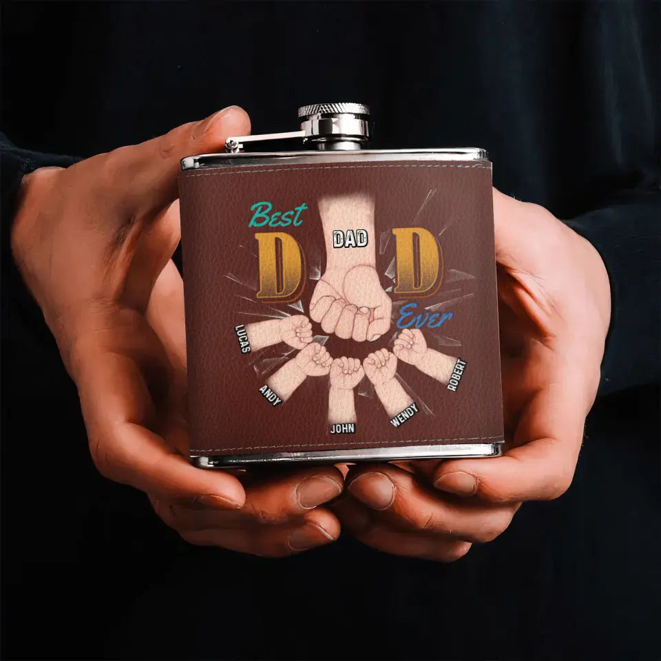 Personalized Best Dad Ever Leather Flask - Up to 5 Kids - Gift Idea For Dad/Father's Day