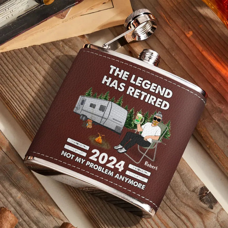Personalized Camping Leather Flask - Retirement Gift Idea For Camping Lover/Grandparents - The Legend Has Retired Not My Problem Anymore