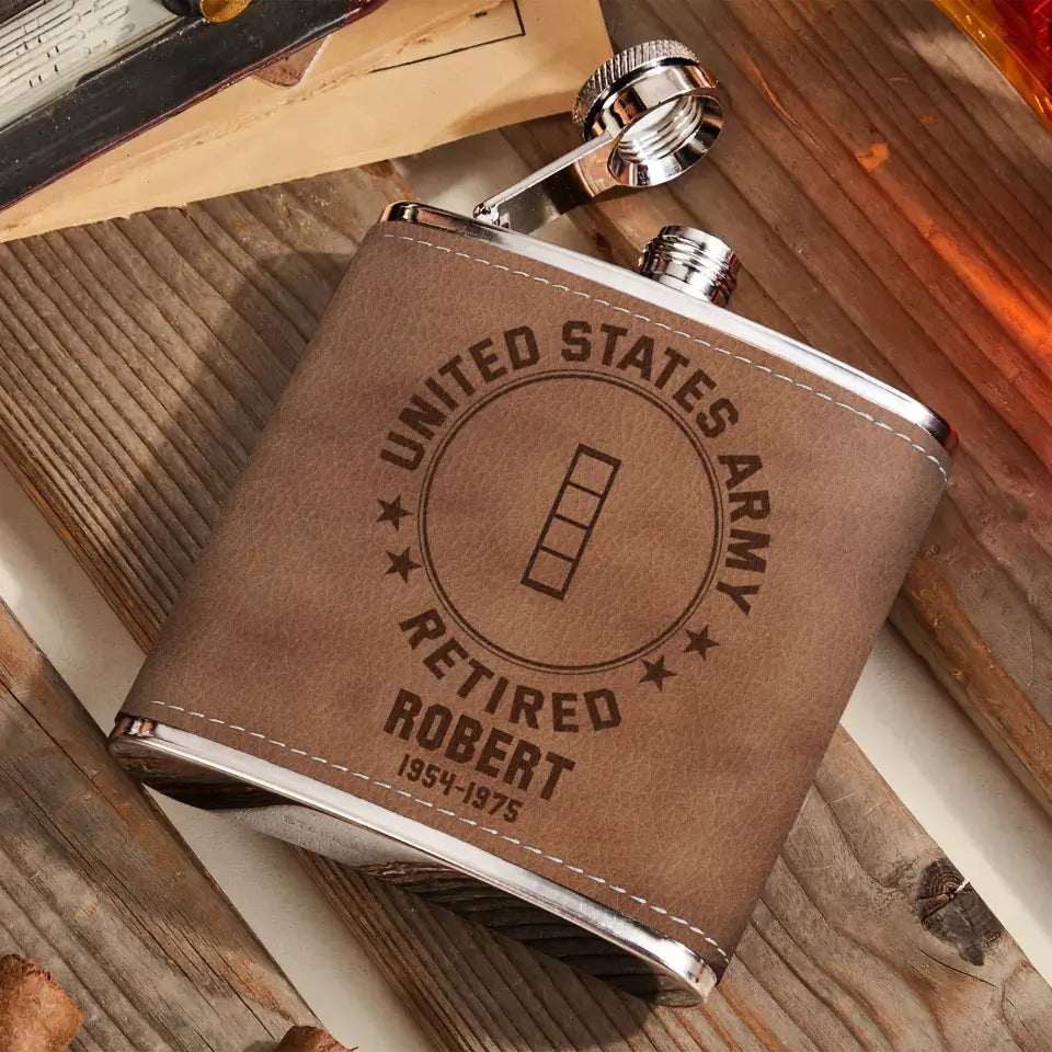Personalized US Military Veteran Leather Flask - Gift Idea For Dad/Son/Friend/Veteran