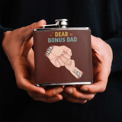 Personalized Bonus Dad Leather Flask - Dad with up to 6 Kids - Father's Day Gift Idea For Dad - Thank You For Stepping And Becoming The Dad You Didn't Have To Be