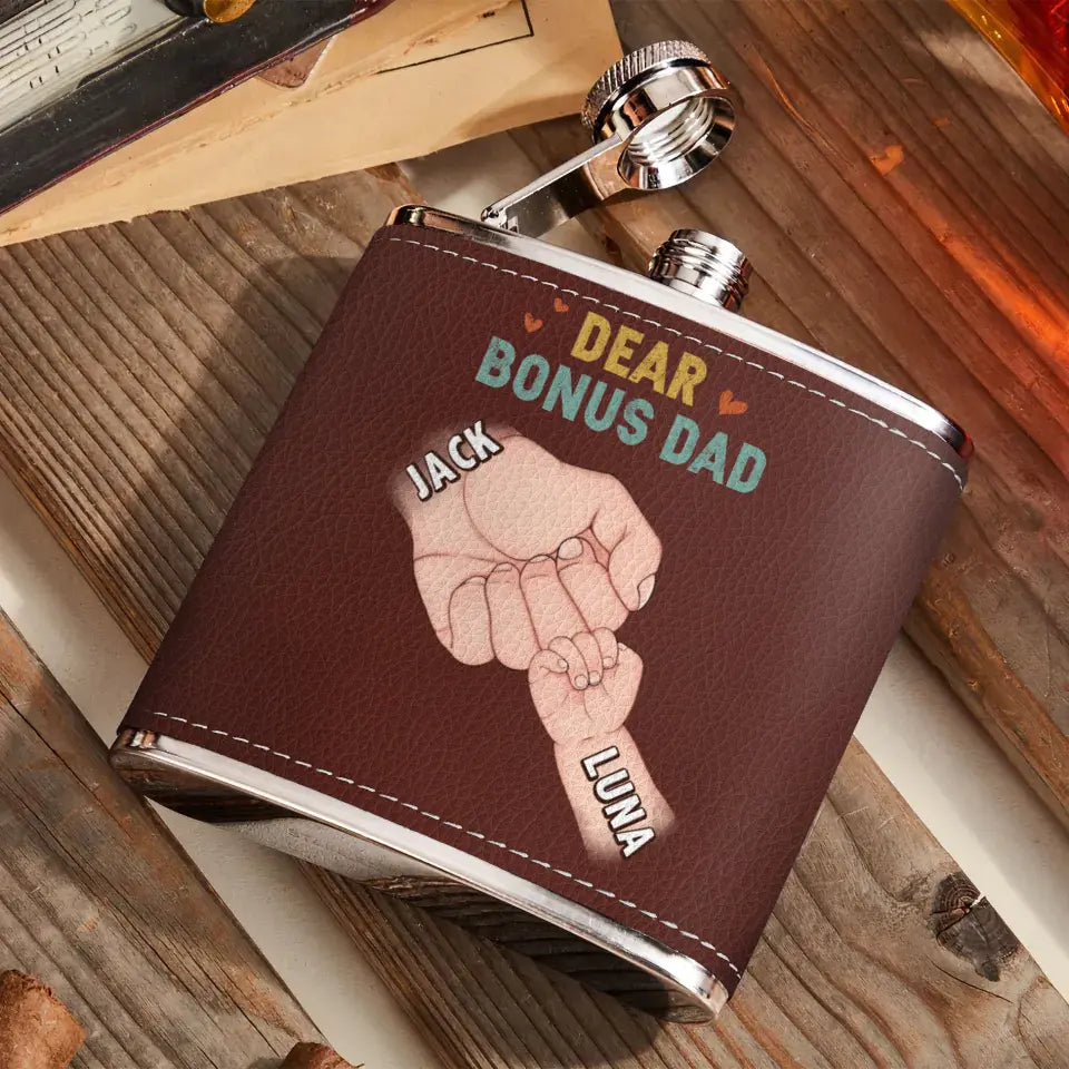 Personalized Bonus Dad Leather Flask - Dad with up to 6 Kids - Father's Day Gift Idea For Dad - Thank You For Stepping And Becoming The Dad You Didn't Have To Be
