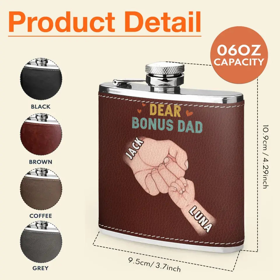 Personalized Bonus Dad Leather Flask - Dad with up to 6 Kids - Father's Day Gift Idea For Dad - Thank You For Stepping And Becoming The Dad You Didn't Have To Be