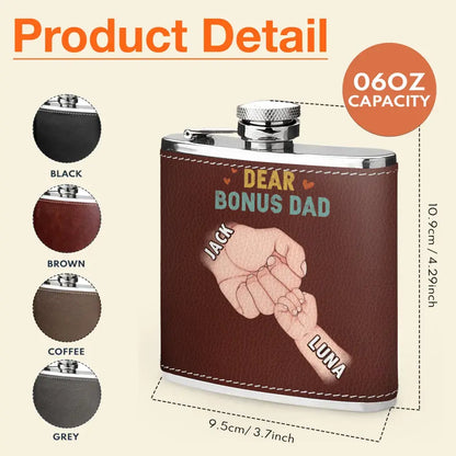 Personalized Bonus Dad Leather Flask - Dad with up to 6 Kids - Father's Day Gift Idea For Dad - Thank You For Stepping And Becoming The Dad You Didn't Have To Be