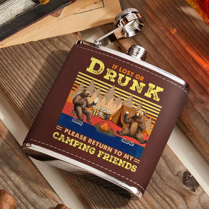 Personalized Camping Leather Flask - Up to 6 Bears - Father's Day Gift Idea for Camping Lovers - If Lost Or Drunk Please Return To My Camping Friends