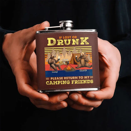 Personalized Camping Leather Flask - Up to 6 Bears - Father's Day Gift Idea for Camping Lovers - If Lost Or Drunk Please Return To My Camping Friends