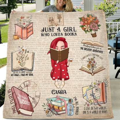 Personalized Reading Girl Quilt/Fleece Throw Blanket/Pillow Cover - Gift Idea For Book Lover - Just A Girl Who Loves Books