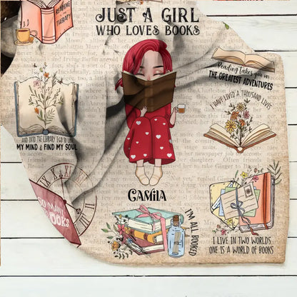 Personalized Reading Girl Quilt/Fleece Throw Blanket/Pillow Cover - Gift Idea For Book Lover - Just A Girl Who Loves Books