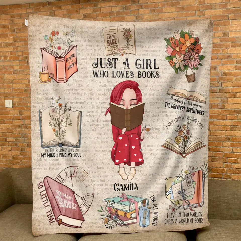 Personalized Reading Girl Quilt/Fleece Throw Blanket/Pillow Cover - Gift Idea For Book Lover - Just A Girl Who Loves Books