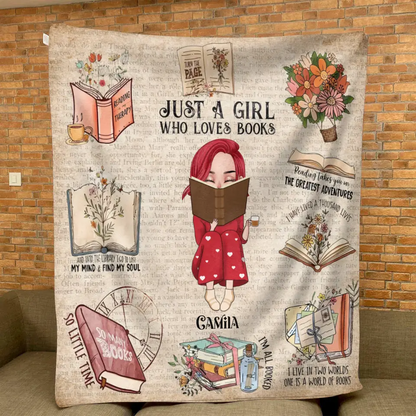 Personalized Reading Girl Quilt/Fleece Throw Blanket/Pillow Cover - Gift Idea For Book Lover - Just A Girl Who Loves Books