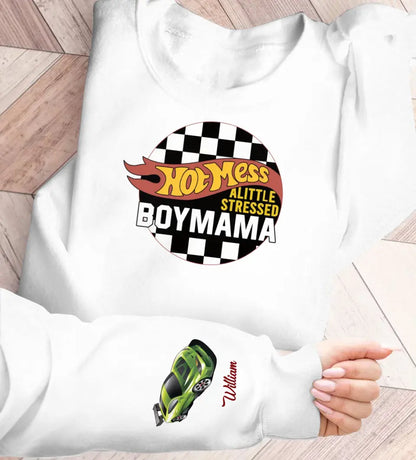 Personalized Hot Mama AOP Sweater - Up to 5 Children - Mother's Day Gift Idea - Hot Mess A Little Stressed Boy Mama