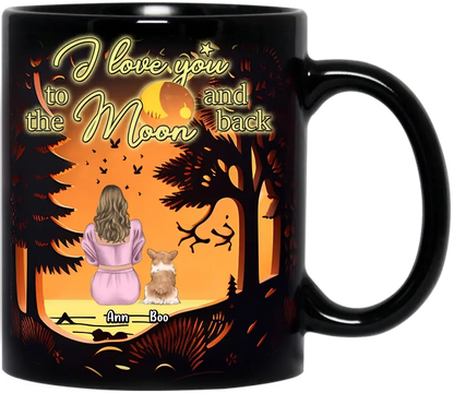 Personalized Dog Mom Black Coffee Mug - Up to 3 Dogs - Mother's Day Gift Idea for Dog Lovers - I Love You To The Moon And Back