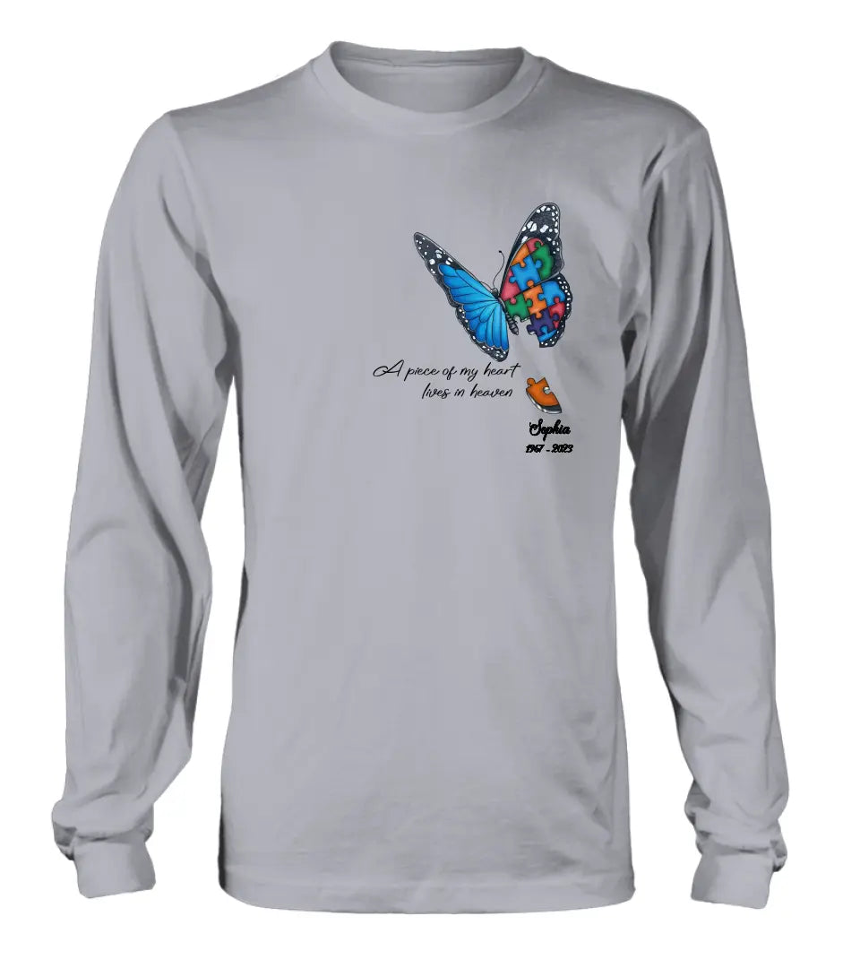 Personalized Memorial Butterfly Shirt/Hoodie - Up to 4 Puzzles - Memorial Gift Idea for Mother's Day/Father's Day - A Piece Of My Heart Lives In Heaven