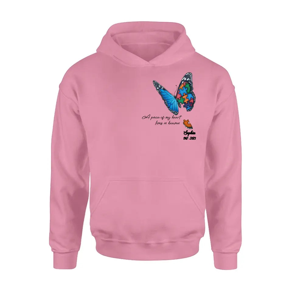 Personalized Memorial Butterfly Shirt/Hoodie - Up to 4 Puzzles - Memorial Gift Idea for Mother's Day/Father's Day - A Piece Of My Heart Lives In Heaven