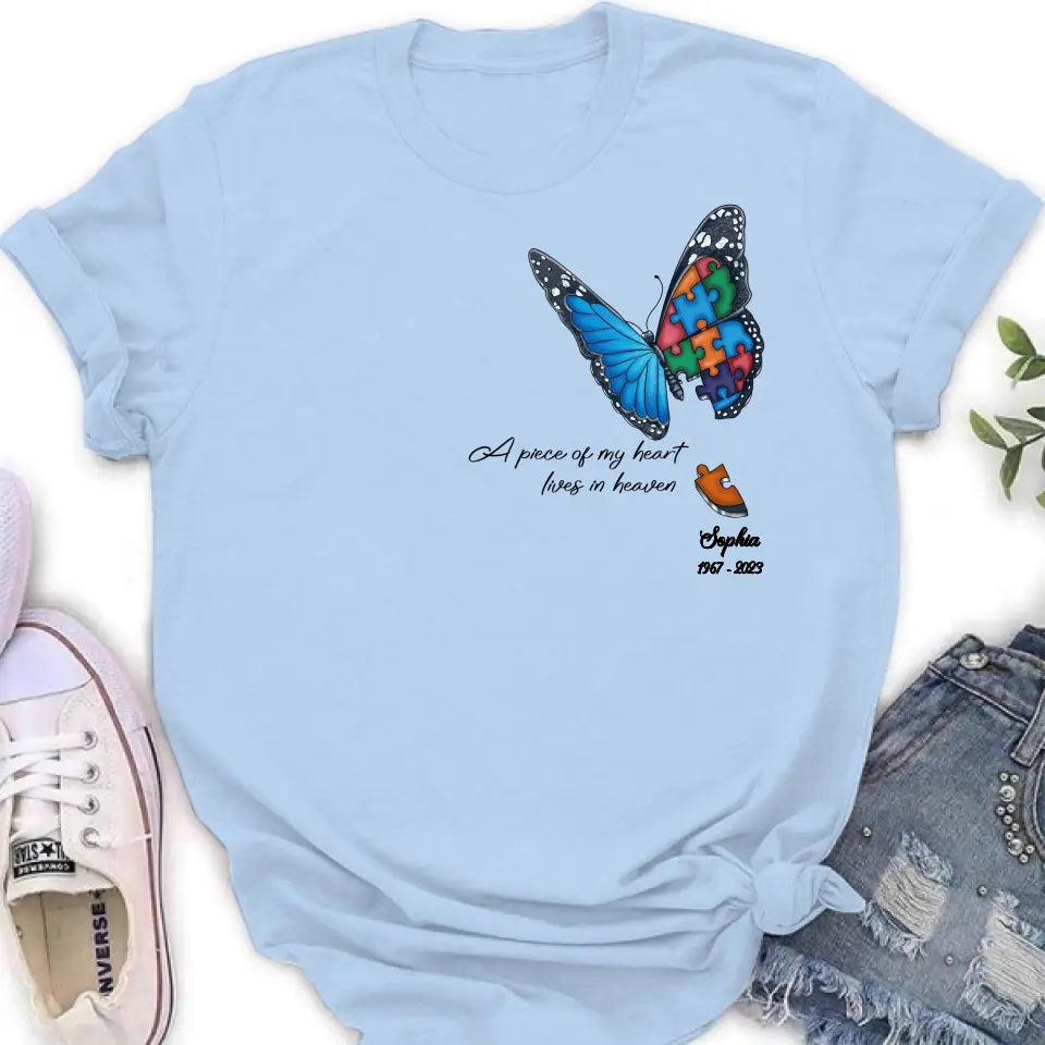 Personalized Memorial Butterfly Shirt/Hoodie - Up to 4 Puzzles - Memorial Gift Idea for Mother's Day/Father's Day - A Piece Of My Heart Lives In Heaven