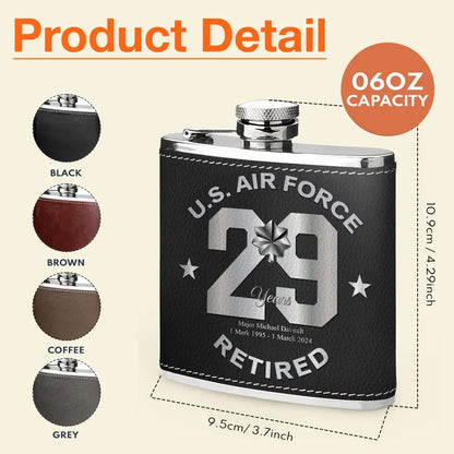 Personalized Retired Veteran Leather Flask - Father's Day Gift Idea for Veteran