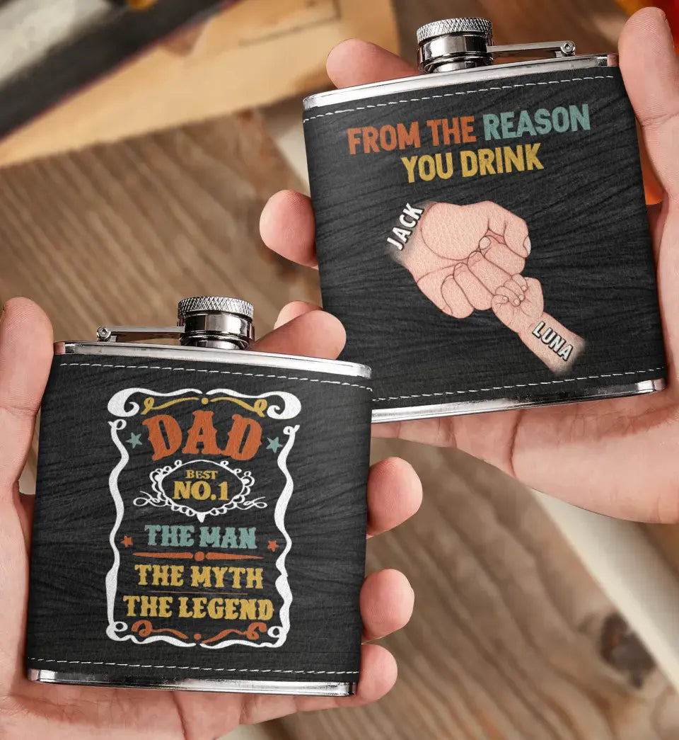 Personalized Dad Leather Flask - Up to 5 Kids - Father's Day Gift Idea for Dad - The Man The Myth The Legend