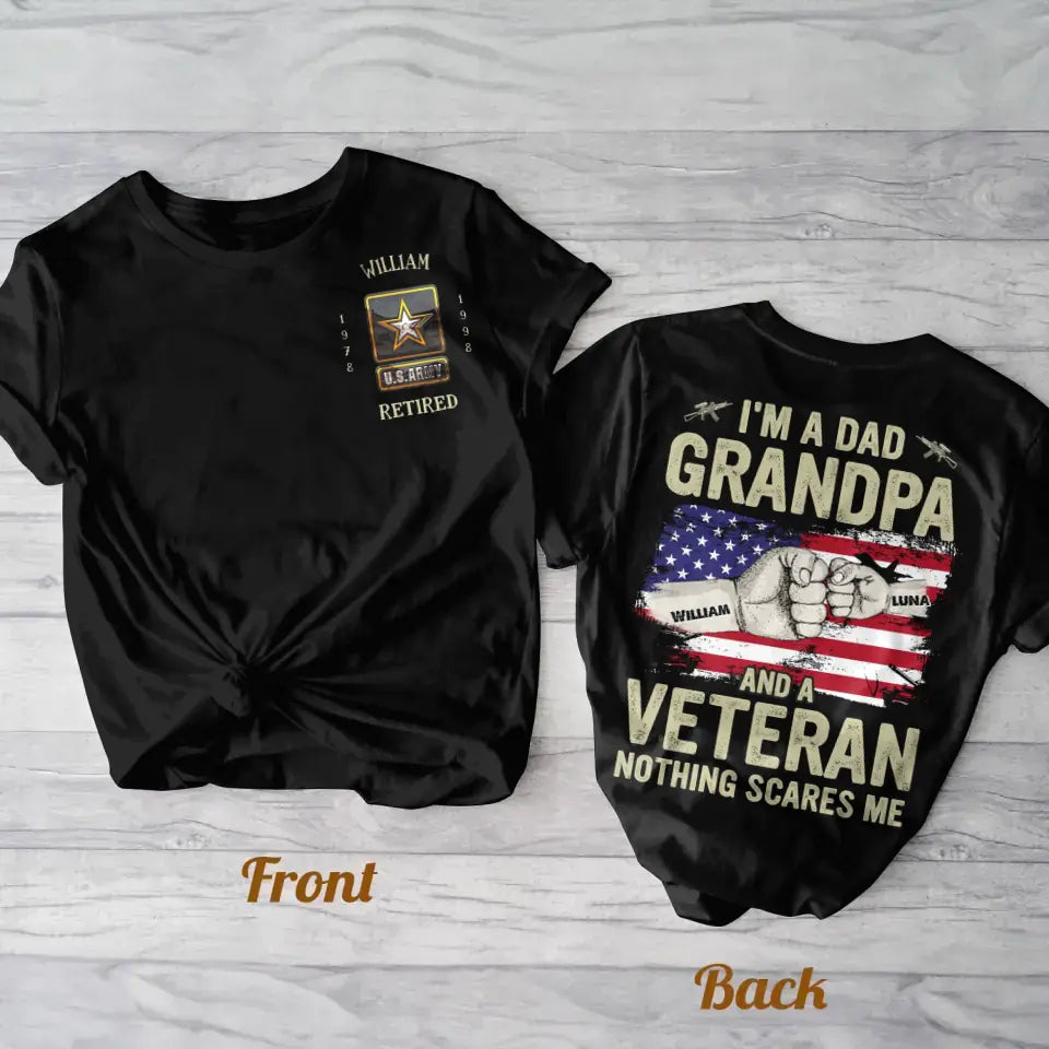 Personalized Veteran Dad AOP T-shirt - Up to 6 Kids - Father's Day Gift Idea for Veteran - I'm A Dad Grandpa And A Veteran