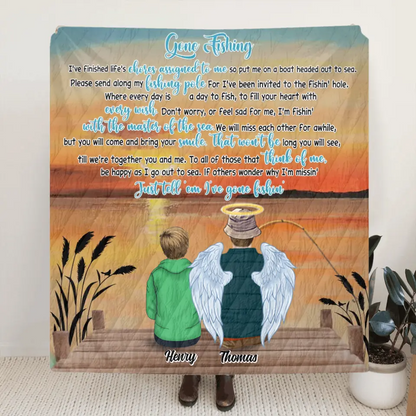 Personalized Gone Fishing In Heaven Fleece Throw Blanket/Quilt - Memorial Gift Idea For Dad