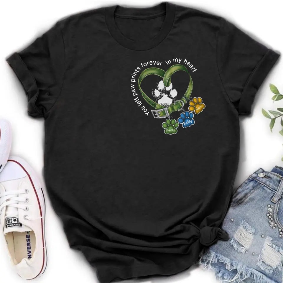 Personalized Memorial Dog Collar T-shirt/Hoodie - Up to 3 Dogs - Memorial Gift Idea For Dog Owner - You Left Paw Prints Forever In My Heart