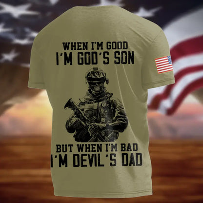 Personalized Veteran AOP T-shirt - Gift Idea For Veteran - When I'm Good I'm God's Son But When I'm Bad I'm Devil's Dad