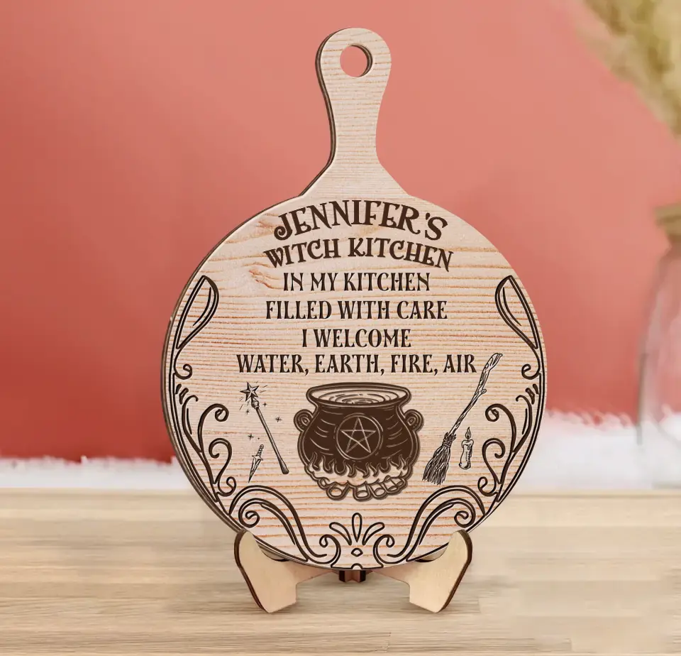Personalized Witch 2 Layered Wooden Art - Gift Idea for Witch/Wicca Decor/Pagan Decor - In My Kitchen Filled With Care I Welcome Water Earth Fire Air