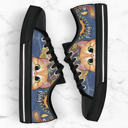 Personalized Mandala Cat Low Top Sneakers - Gift For Cat Lovers