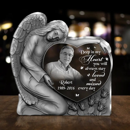 Personalized Angel Heart Memorial Acrylic Plaque - Memorial Gift Idea For Christmas/Family Member - Upload Photo - Deep In My Heart You Will Always Stay Loved And Missed Every Day
