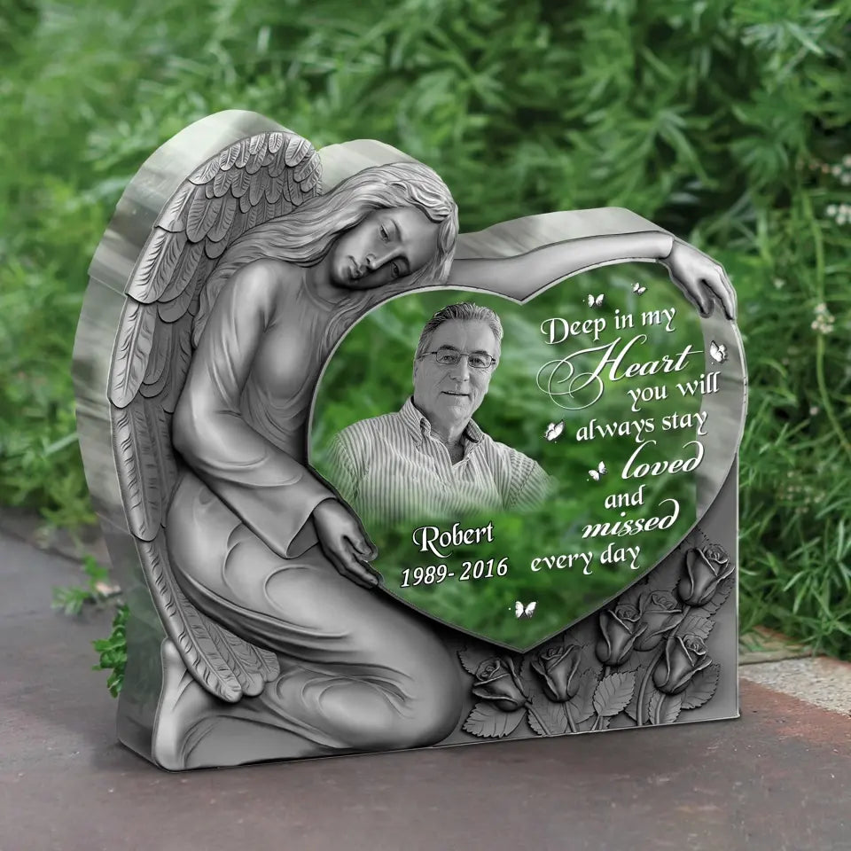 Personalized Angel Heart Memorial Acrylic Plaque - Memorial Gift Idea For Christmas/Family Member - Upload Photo - Deep In My Heart You Will Always Stay Loved And Missed Every Day