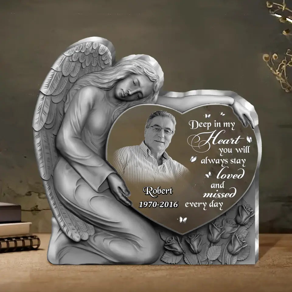 Personalized Angel Heart Memorial Acrylic Plaque - Memorial Gift Idea For Christmas/Family Member - Upload Photo - Deep In My Heart You Will Always Stay Loved And Missed Every Day
