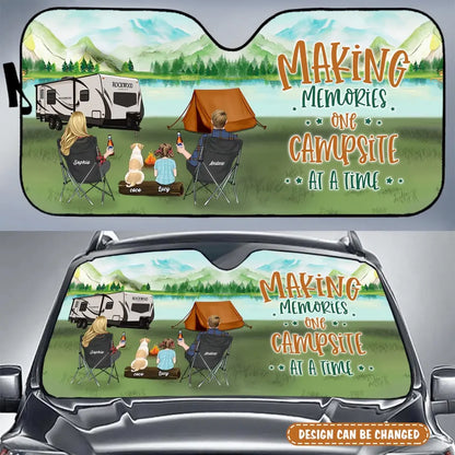Personalized Camping Windshield Sunshade - Couple/Parents With Kids And Pets - Gift Idea For Camping Lovers - Making Memories One Campsite At A Time