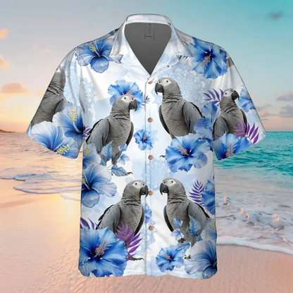Personalized Blue Flower Parrot Hawaiian Shirt - Upload Parrot Photo - Summer Gift Idea
