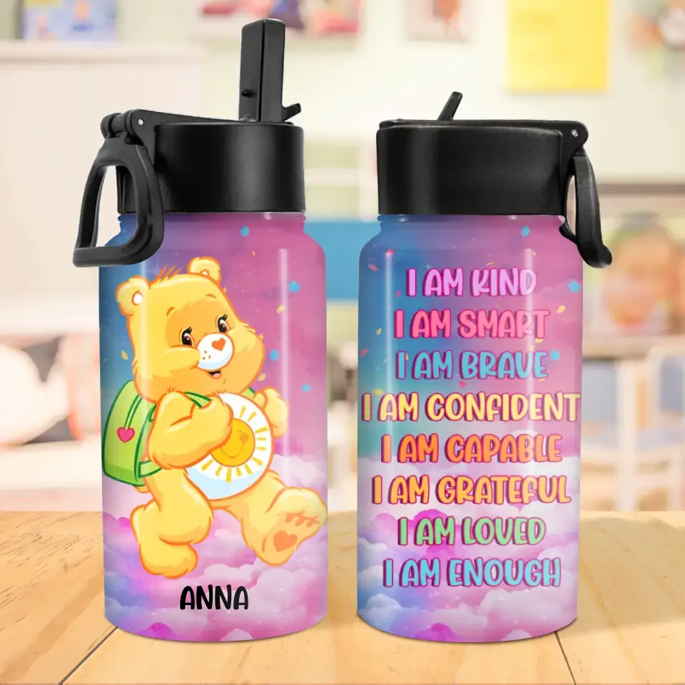 Personalized Bear Kid Water Bottle With Straw Lid - Gift Idea For Your Kid/Back To School - I Am Confident