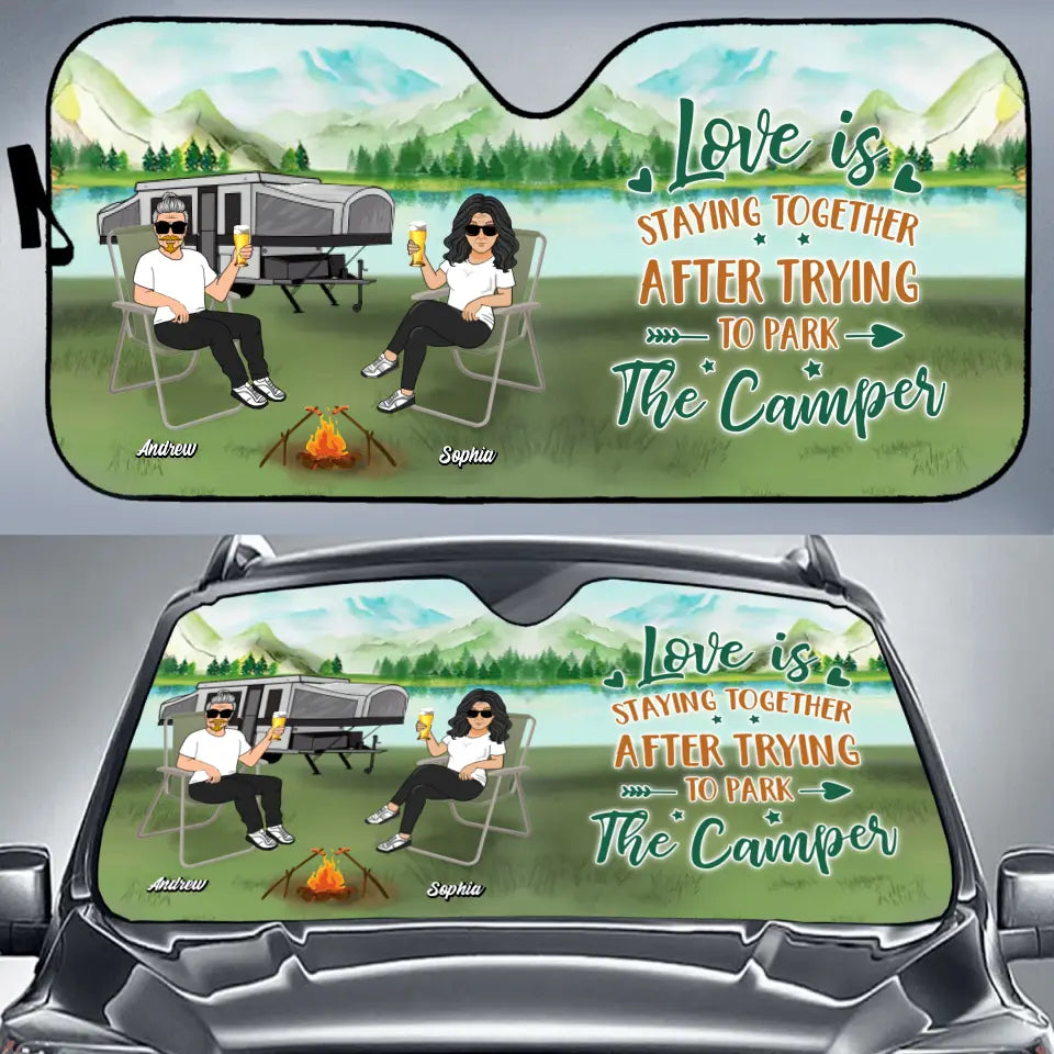 Personalized Camping Windshield Sunshade - Couple With Up to 4 Pets- Gift Idea For Camping/Dog/Cat Lovers - Love Is Staying Together After Trying To Park The Camper