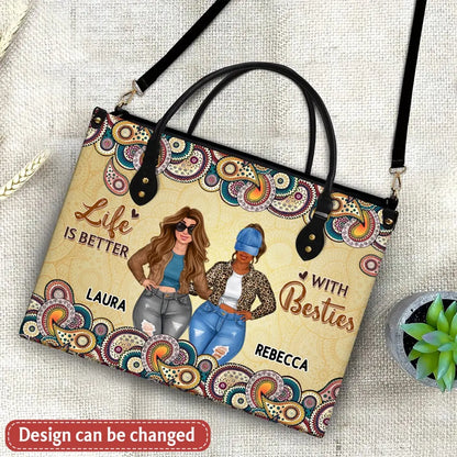 Personalized Besties PU Leather Handbag with Long Straps - Gift Idea For Friends/Besties/Birthday - Life Is Better With Besties