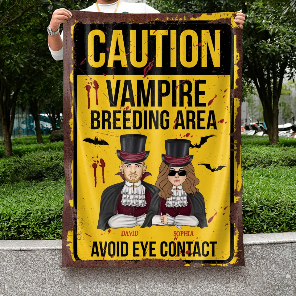 Personalized Vampire Flag sign - Funny Gift Idea For Couple/Family - Up to 2 Kids - Caution Vampire Breeding Area Avoid Eye Contact