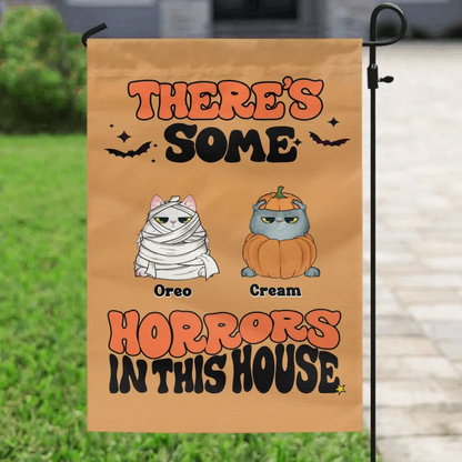 Personalized Halloween Pets Flag Sign - Gift Idea For Family/Pet Lover - Up to 7 Dogs/Cats - There's Some Horrors In This House