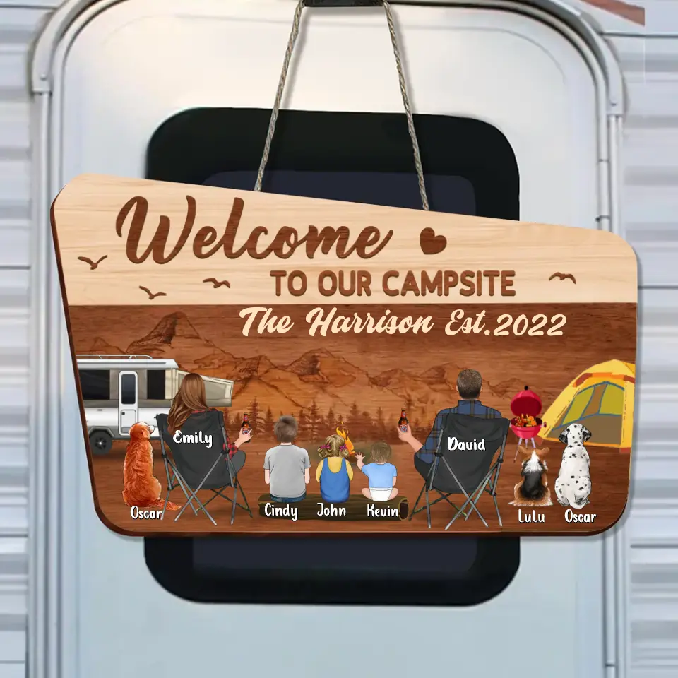 Personalized Camping Wooden Sign - Single Parent/Couple With Up to 3 Kids And 3 Pets - Gift Idea For Family/Camping Lovers