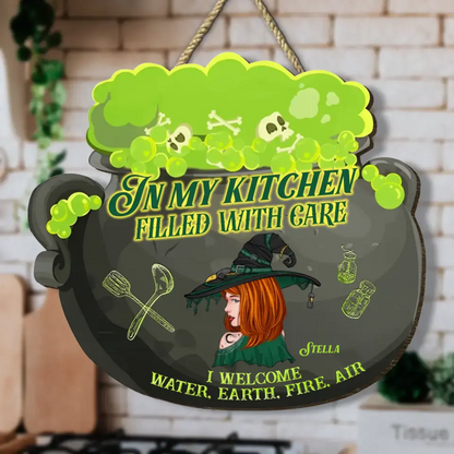 Personalized Witch Wooden Sign - Halloween Gift Idea For Witch/Pagan Decor - In My Kitchen Filled With Care I Welcome Water, Earth, Fire, Air