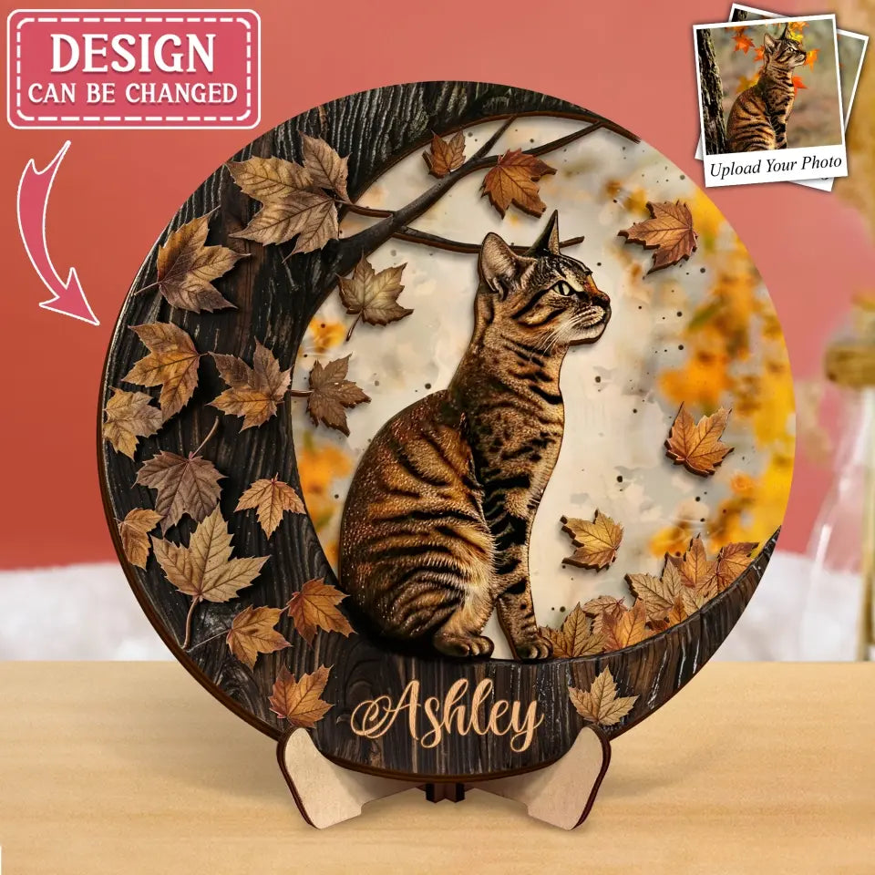 Personalized Cat Moon 2 Layered Wooden Art - Upload Photo - Gift Idea For Cat Lover