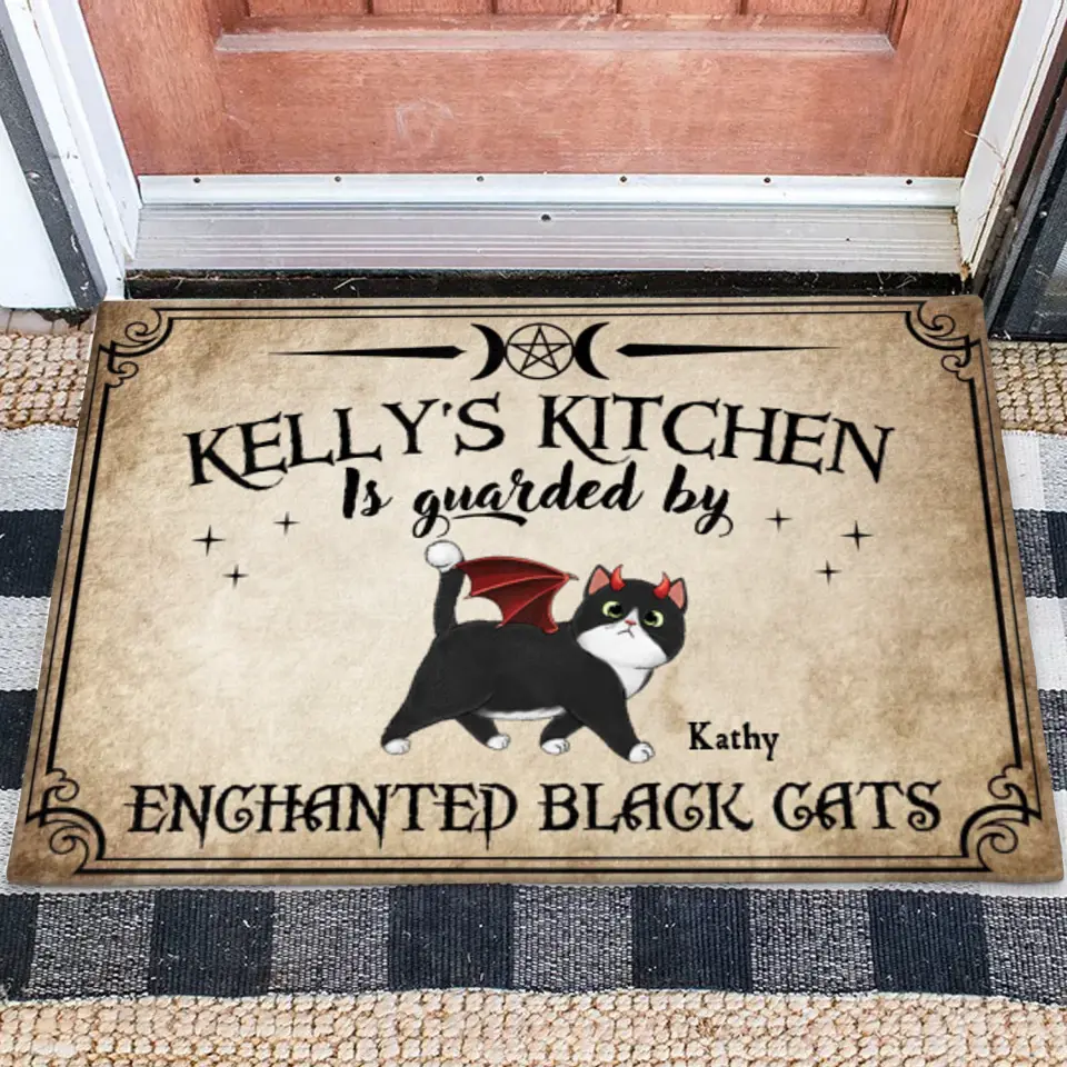 Personalized Cat Doormat - Halloween Gift Idea For Cat Lover - Up to 6 Cats - Witch's Kitchen Is Guarded By Enchanted Black Cats