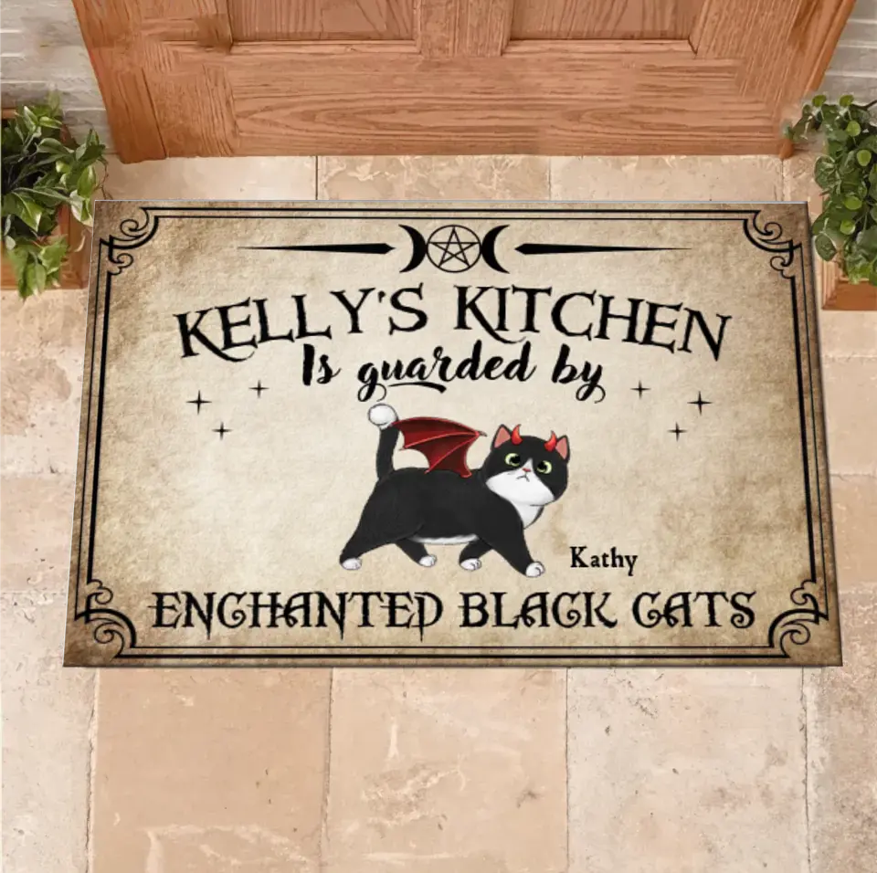 Personalized Cat Doormat - Halloween Gift Idea For Cat Lover - Up to 6 Cats - Witch's Kitchen Is Guarded By Enchanted Black Cats