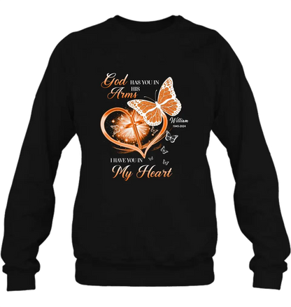 Personalized Memorial T-shirt/Long Sleeve/Sweatshirt/Hoodie - Memorial Gift Idea For Family Member - God Has You In His Arms I Have You in My Heart