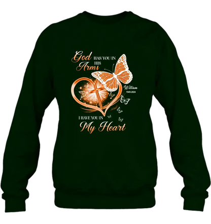 Personalized Memorial T-shirt/Long Sleeve/Sweatshirt/Hoodie - Memorial Gift Idea For Family Member - God Has You In His Arms I Have You in My Heart