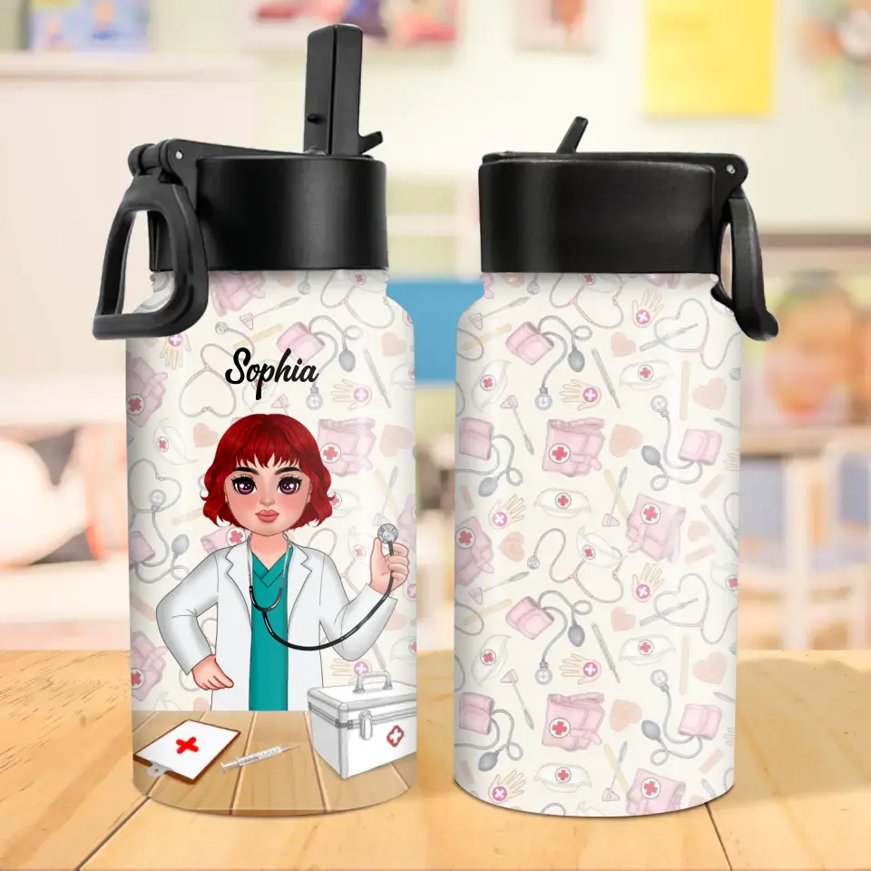 Personalized Doctor Kid Water Bottle With Straw Lid - Gift Idea For Your Kid/Back To School