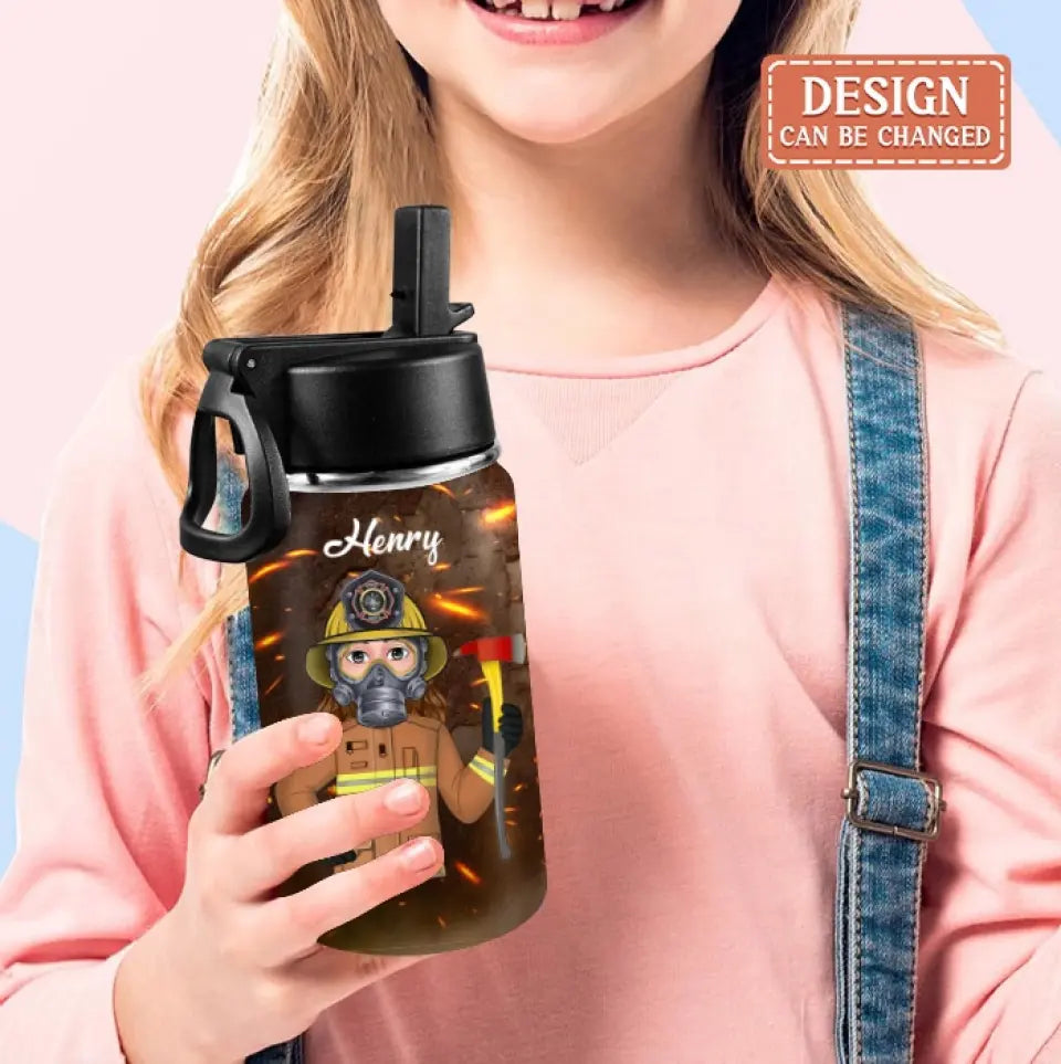 Personalized Firefighter Kid Water Bottle With Straw Lid - Gift Idea For Your Kid/Back To School