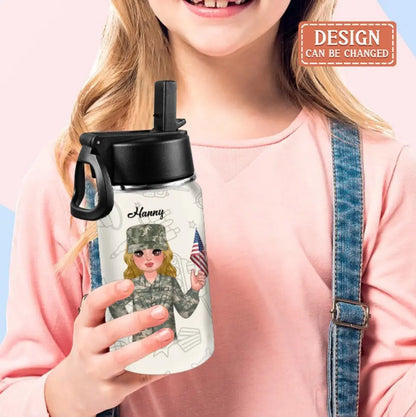 Personalized Army Kid Water Bottle With Straw Lid - Gift Idea For Your Kid/Back To School