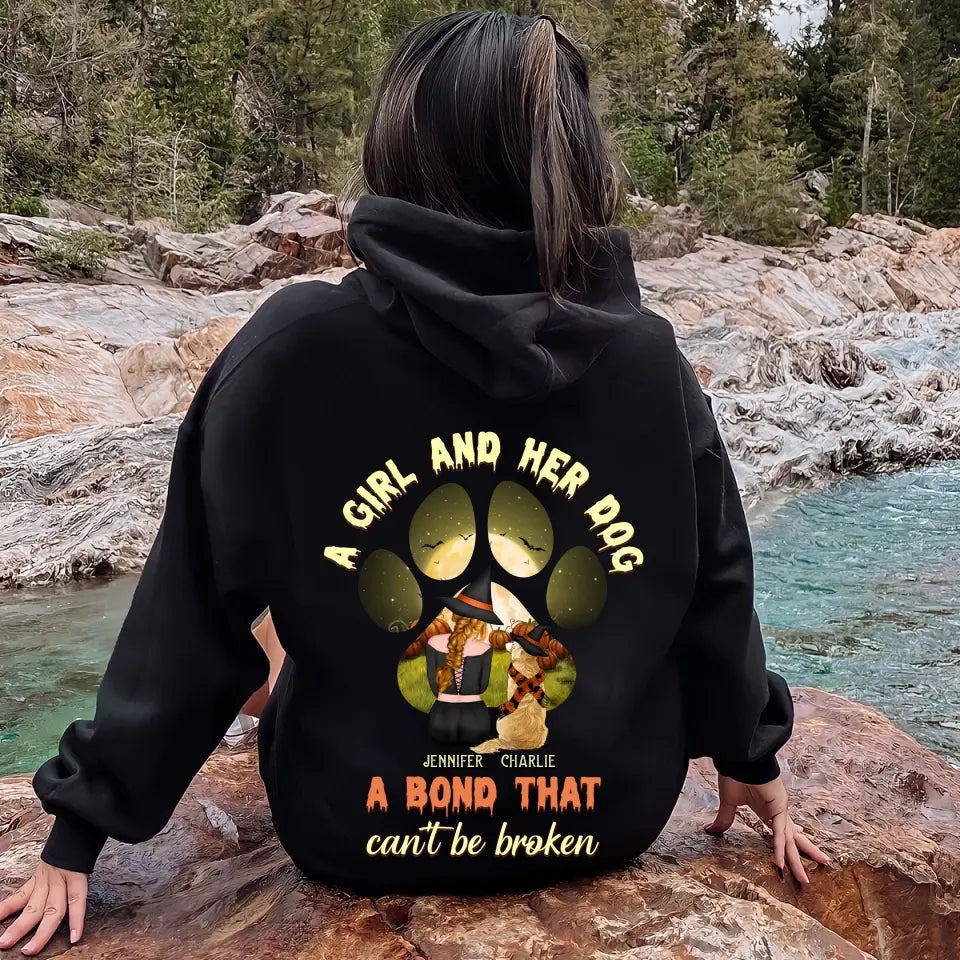 Personalized Witch Dog T-shirt/Hoodie - Woman With Up to 4 Dogs - Halloween Gift Idea For Dogs Lover - A Girl And Her Dog A Bond That Can't Be Broken