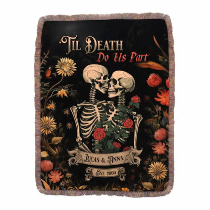 Personalized Skeleton Couple Ultra-Soft Mixed Green Fringe Blanket - Halloween/Anniversary Gift Idea For Couple - 'Til Death Do Us Part
